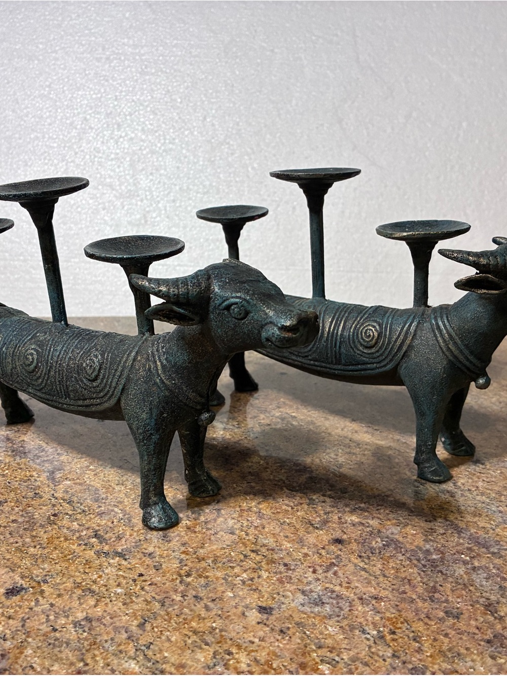Vtg pair of Indonesian bronze bowl/water, buffalo candle holder